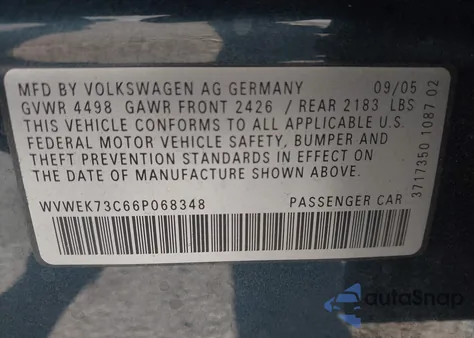 2006 Volkswagen Passat 2.0T from USA, damaged, VIN WVWEK73C66P068348